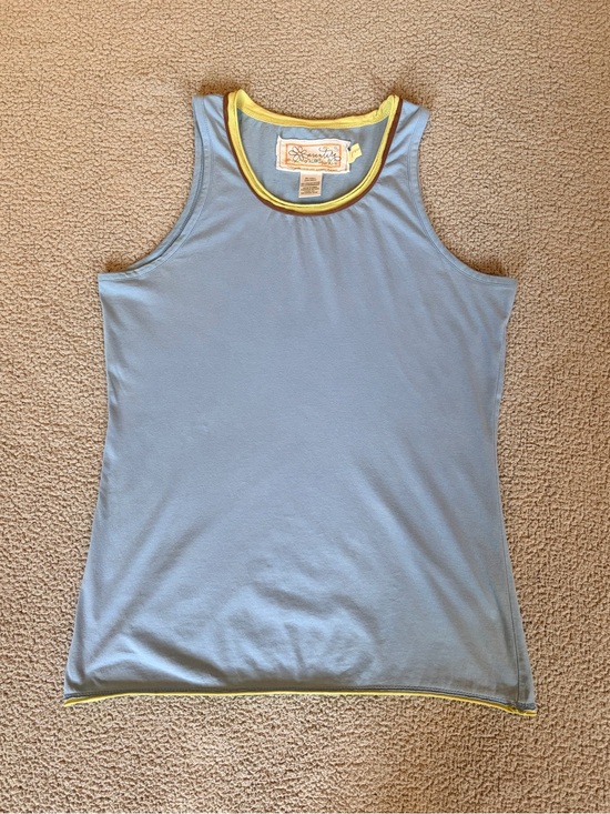 Aventura Tops - Y2K-inspired Ringer Stripe Raw Hem Organic Cotton Tank Blue Green Brown Size S